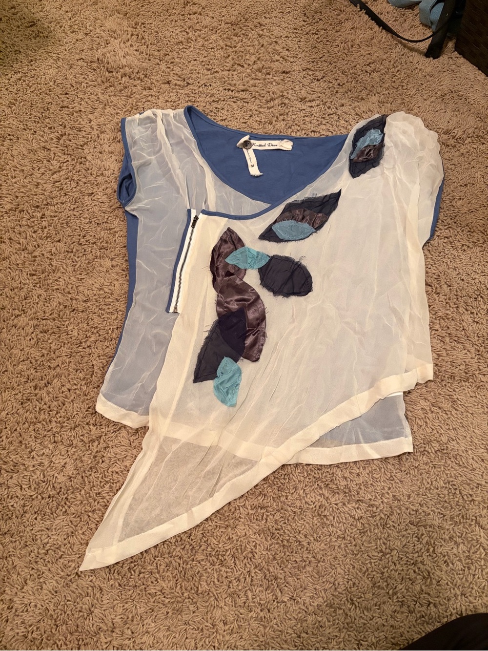 Knitted Dove Blue Layered Sheer Leaf-Appliqué Blouse
